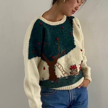 80s hand knit scenic sweater / vintage ivory wool scenic apple tree landscape novelty hand knit embroidered sweater | L 