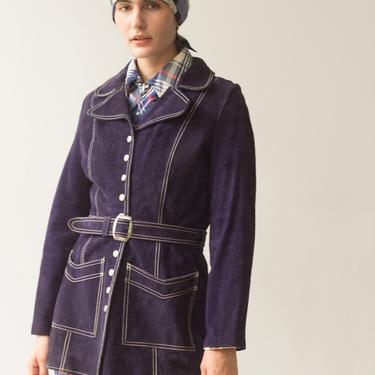 1970s Navy Blue Suede Snap Front Belted Jacket 