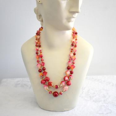 1960s Pink-Red & Yellow Plastic Bead Double Strand Necklace. 