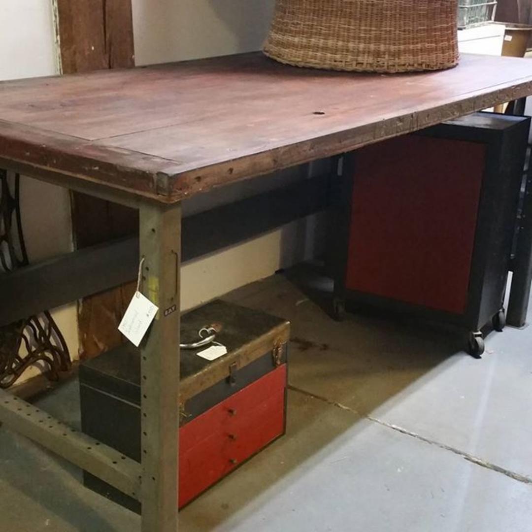 Industrial island or workbench. Vintage metal and refinished wood top