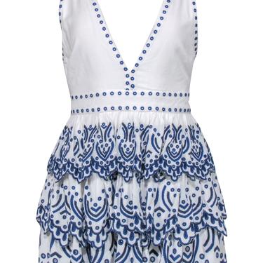 Lovers + Friends - White Ruffled Mini Plunge Dress w/ Blue Embroidery Sz S