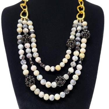 Quartz and Onyx Triple Strand Necklace - Black Navy and Cream Statement Necklace 