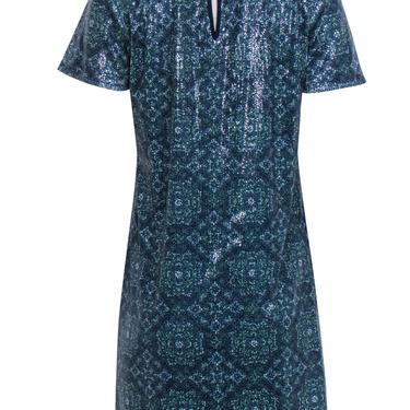Michael Michael Kors - Navy & Green Printed Sequin Short Sleeve Shift Dress Sz S