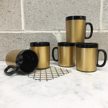 Vintage Mug Set Retro 1960s West Bend + Thermo-Serve + Mid Century Modern + Insulated + Set of 5 + Black and Gold + MCM + Coffee Cups 