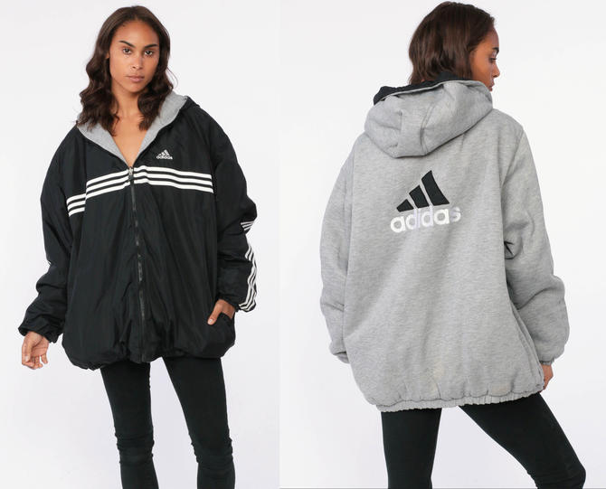 Reversible ADIDAS Jacket Hoodie Jacket Black Grey Hooded Coat