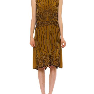 1920S Caramel Brown Beaded Silk Crepe De Chine  Cocktail Dress As-Is For Design Or Costume 