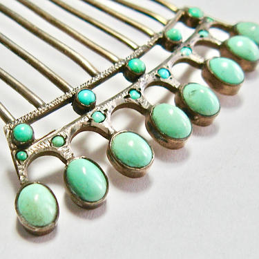 Victorian Pavé Turquoise Gilt Silver Pendants Comb, Antique  display picture 3