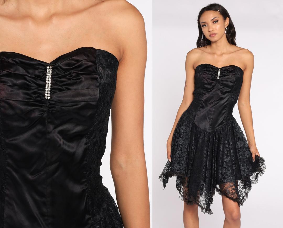 Black Lace Dress 80s STRAPLESS Prom Dress Black Satin Mini Shop Exile