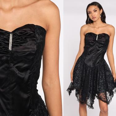 Black Lace Dress 80s STRAPLESS Prom Dress Black Satin Mini Dress Rhinestone High Low Hem Party Formal Dress Vintage Goth Small 