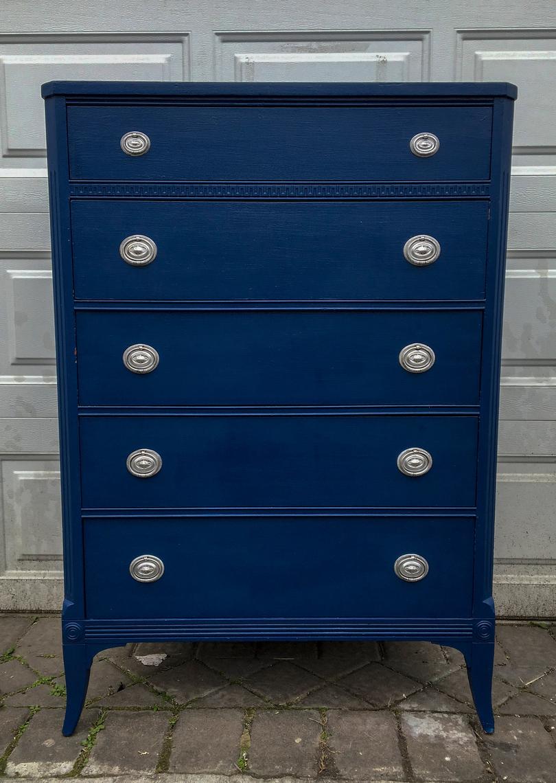 Vintage Federal Style Dresser, Antique Highboy, Navy Blue And Silver 