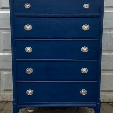 Vintage Federal Style Dresser, Antique Highboy, Navy Blue and Silver ...