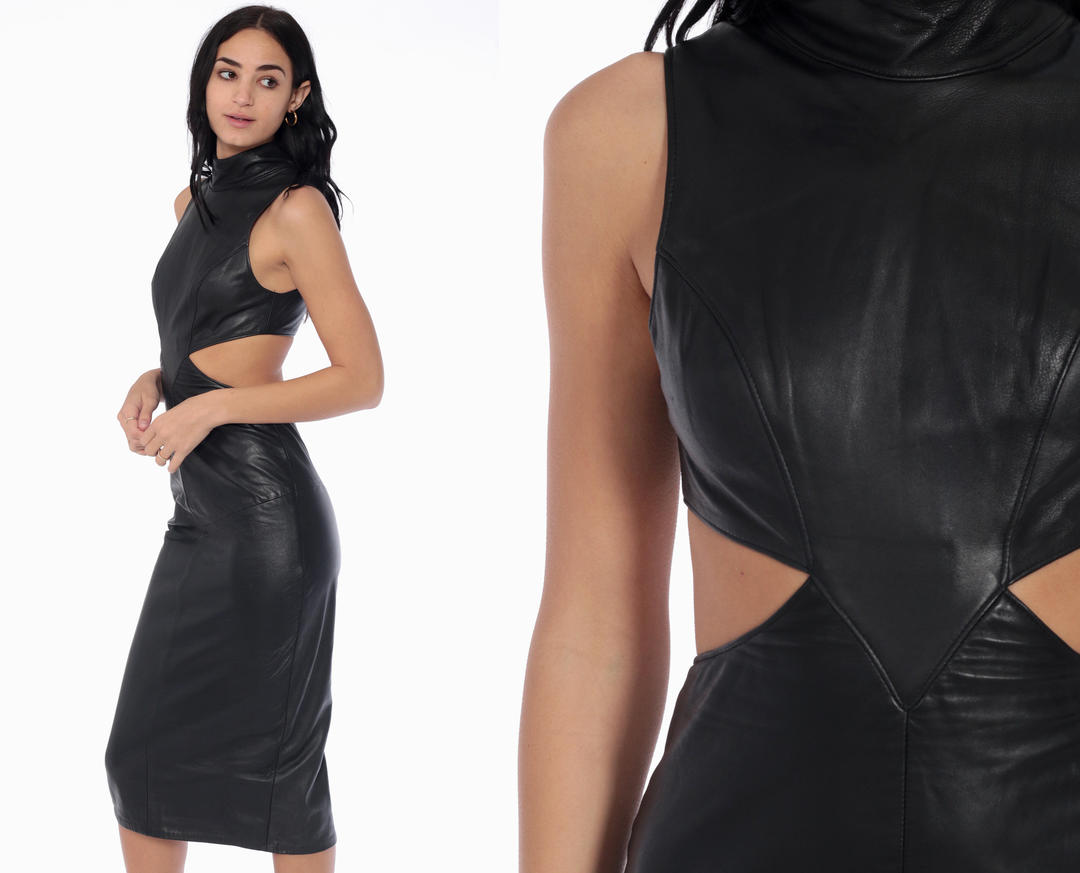 Black Leather Dress 80s Mini Cut Out Party Biker Bodycon Shop Exile