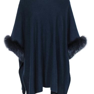 Sofia Cashmere - Navy Longline Cashmere Sweater w/ Fur Trim OS