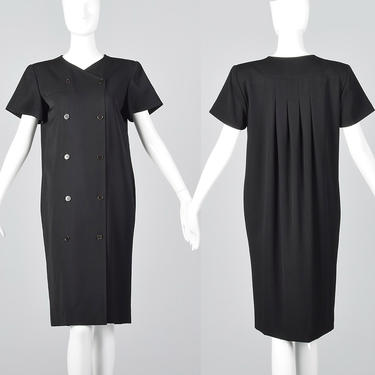 Medium Valentino Black Sack Dress Pleated Back Double Breasted Casual Simple Vintage Dress LBD 1990s 90s Vintage 