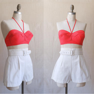 Vintage 90s Fredericks of Hollywood White Belted Shorts/ 1990s High Waisted Hot Shorts/ Size Small 