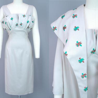 1960s Embroidered Dress Set | Vintage 60s Linen Dress & Coat with Green and Brown Leaf Embroidery | medium 