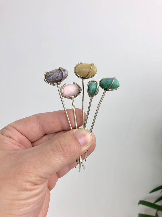 Set of 5 SemiPrecious Stone Cocktail Forks, Polished Gemstone Cocktail