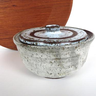 Mid Century Studio Pottery Lidded Dish, Hand Thrown Covered Pottery Bowl With Frothy Glaze, Vintage Wabi Sabi Pottery Gift 