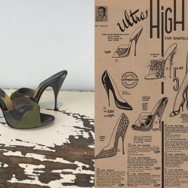 SkyScraper Horizons - Vintage 1950s Fredrick's of Hollywood Green Nubuck Leather Springolator Heels - 7 1/2B Rare 
