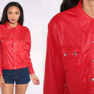 Red Biker Blouse Shimmery Button Up Shirt 70s Snaps Up Shiny Moto Top 1970s Disco Top Vintage Dog Ear Collar Punk Hipster Long Sleeve Small 