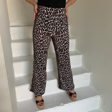 Sexy 1970s Leopard Nylon Zip Back High Waisted Pants 28 Waist Vintage Flared Glam Rock 