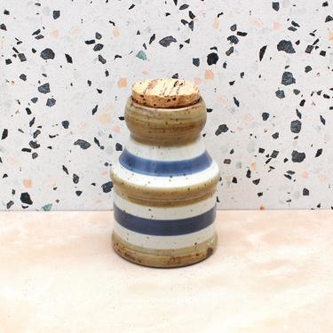 Vintage 1970s Speckled Stoneware Container - Blue & Beige Striped Small Corked Jar Made in Japan 