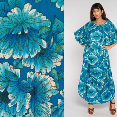 Hawaiian CAFTAN Dress 70s Boho Floral Maxi PLEATED Hippie Bohemian 1970s Long Vintage Tent Kimono Blue Small Medium Large xs 