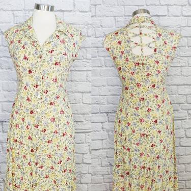 Vintage 90s Floral Dress with Cutout Back // Yellow Button-Up 