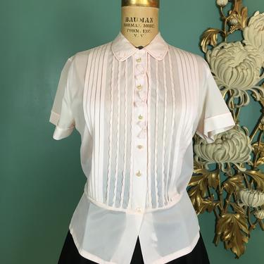1950s blouse, pale pink nylon, vintage 50s shirt, pin tucked blouse, debcraft, size medium, bows and pearls, 36 bust, rockabilly, mrs maisel 