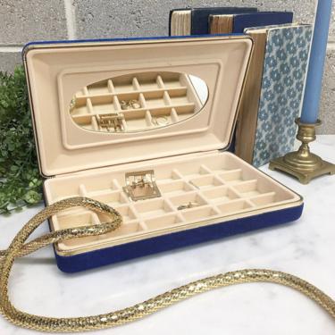 Vintage Jewelry Box Retro 1980s Blue Velvet + Rectangle + Jewelry Storage + 24 Compartments + Organization + Home and Vanity Decor 
