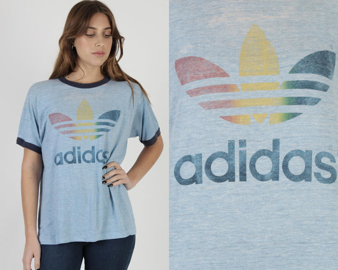 Uluru Blank Gendanne Vintage 80s Adidas Rainbow T Shirt / Heather Blue 50 50 Soft T Shirt /  Trefoil Track Basketball Ringer Mens Tee Large L by americanarchive from  American Archive of San Diego, CA | ATTIC