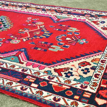 Vintage Hand Knotted Persian Hamadan Style Area Rug with Hot Pink and Deep Red  -  4' 9&quot; x 8' 10&quot; 