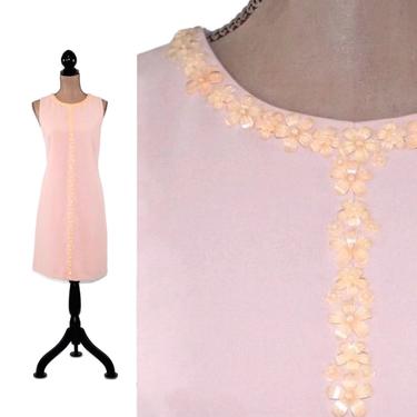 Blush Beige Pink, Sleeveless Midi Dress Women Small, A Line Shift Flower Beaded, Modest Easter Spring Summer, Vintage Y2K Dress Size 6 