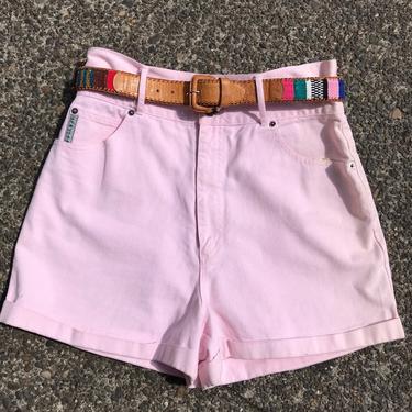 Super high waisted Pink denim shorts ~ 80's 90's trend~ Soft pale bubblegum pink ~ plus size vintage~ 50's style 32&amp;quot; waist 