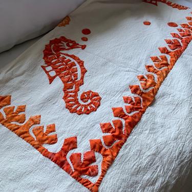 Vintage Handmade Silk/Cotton Applique Spread/Tablecloth with Seahorse Motiff  Beach House 
