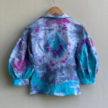 Virtual Garage Sale / Puffed Sleeves Blouse / Vintage Tie-Dye Collar Blouse / Balloon Sleeves Shirt / Equestrian Style Blouse 