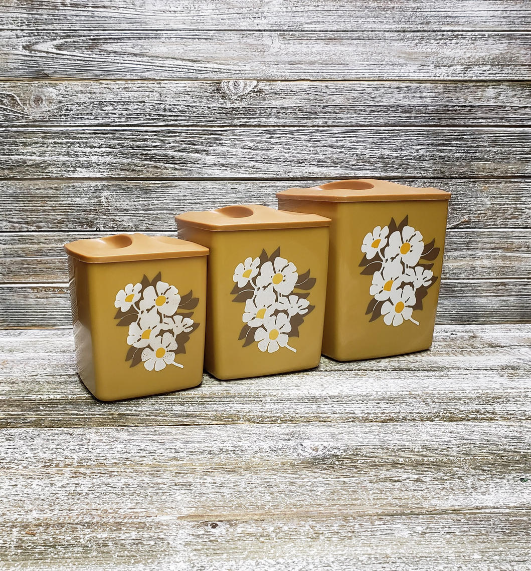 Vintage Kitchen Canisters, 1970s Mustard Gold & White Flowers Nesting