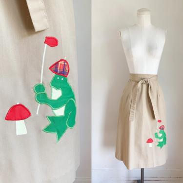 Vintage 1970s Frog &amp; Mushroom Applique Wrap Skirt / S 