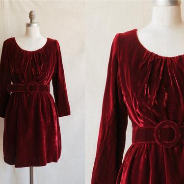 Vintage 60s Merlot Velvet Mini Dress with Belt/ Dark Red Long Sleeve Holiday Dress/ Size Medium 28 
