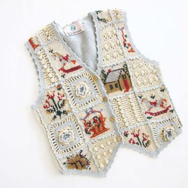 Vintage Knit Vest Medium  - 1980s Granny Knit Pom Pom Vest - Novelty Cottage Core Sweater-   Knitted Button Down Vest - Wool Vest 