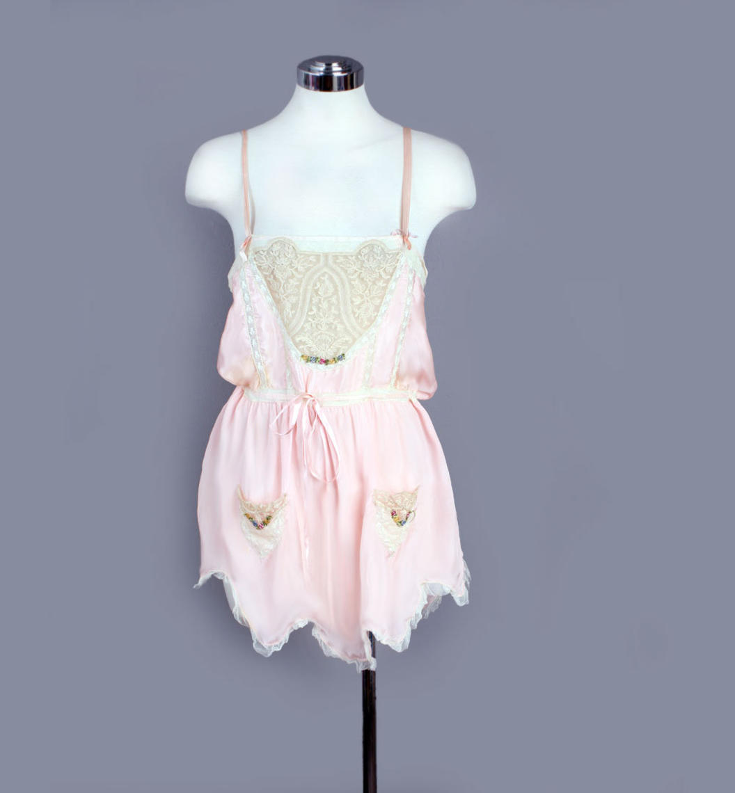 vtg 20's Flapper Teddy Lingerie, 1920's Pink silk Lace