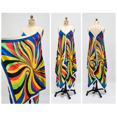 Vintage 70s Silk Scarf Print Psychedelic Silk Scarf Tank Dress By Brijo // 70s Vintage Abstract scarf Print Silk Tank Dress Small Medium 