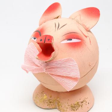 Antique Pink German Pig Candy Container for Christmas, Crepe Paper Bow, Hand Painted Face, West Germany 