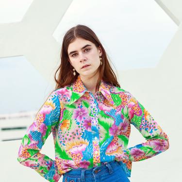 60s Floral Bright Novelty Print Blouse Vintage Long Sleeve Mod Colorful Top 