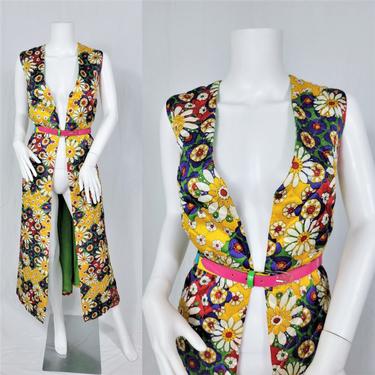 Flower Power 1970's Long Floral Print Quilted Tunic Vest I Sz Med - Lrg I Say - Lu 