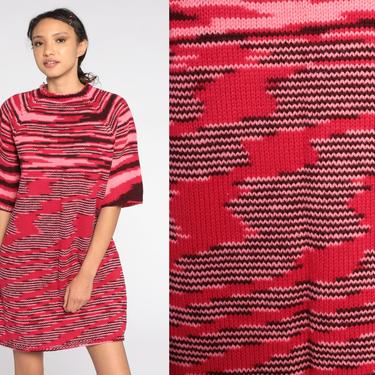 Space Dye Sweater Dress Mini Red KNIT 70s Boho Dress Striped Dyed Vintage 1970s Shift Hippie Short Sleeve Bohemian Winter Medium Large 