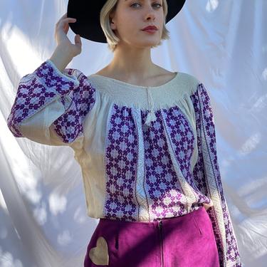 Vintage Peasant Blouse / Purple Embroidery / Semi Sheer Hippie Blouse Penny Lane Tissue Crepe / Hungarian Blouse 