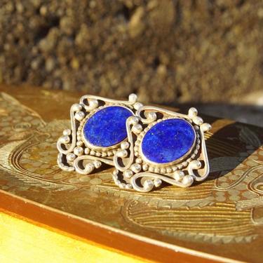 Vintage Signed Sterling Silver Lapis Lazuli Earrings, Silver Shield Earrings, Blue Gemstone, Ornate Silver Stud Earrings, Statement Piece 