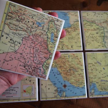 1957 Iran & Iraq Vintage Map Coasters - Ceramic Tile Set of 6 - Repurposed 1950s Hammond Atlas - Handmade - Tehran Baghdad - Middle East 