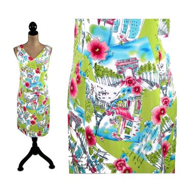 Summer Dress Women Medium Petite, Eiffel Tower Print Floral Midi Sleeveless Shift Colorful Casual Day Paris Novelty Clothes Vintage Clothing 